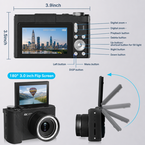 Fotocamera digitale 4K con schermo ribaltabile a 180°